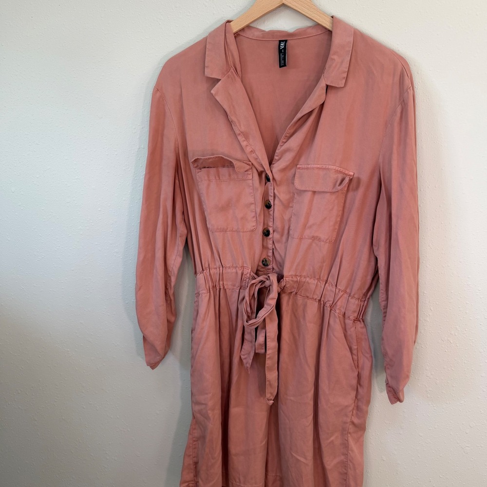 Zara Shirt Dress Womens Large Rose Pink Utility Tie Waist Safari Chic Pocketed - Picture 12 of 16